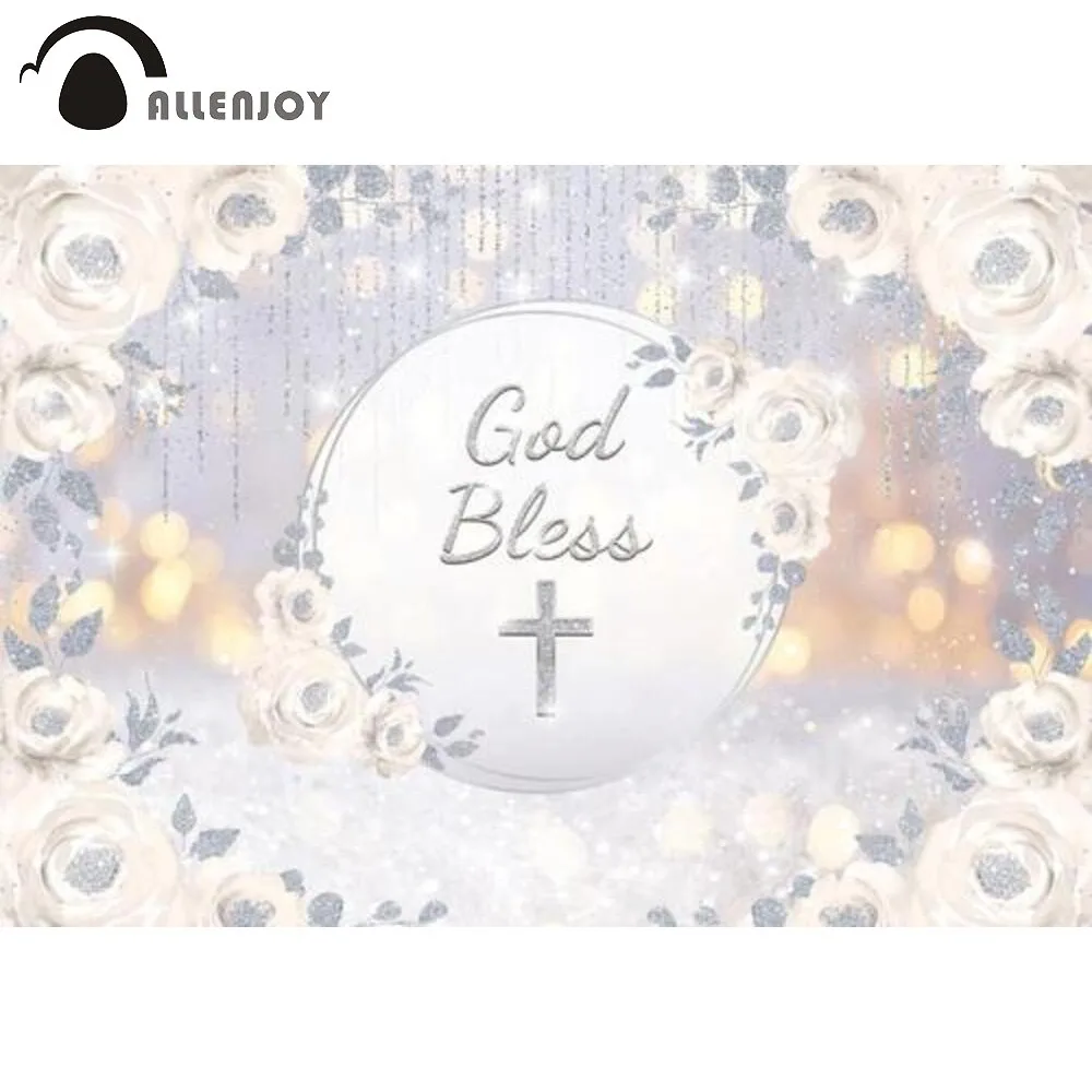 

Allenjoy God Bless Baptism Backdrop Silver White Floral First Holy Communion Party Decor Banner Wallpaper Background Photo Booth