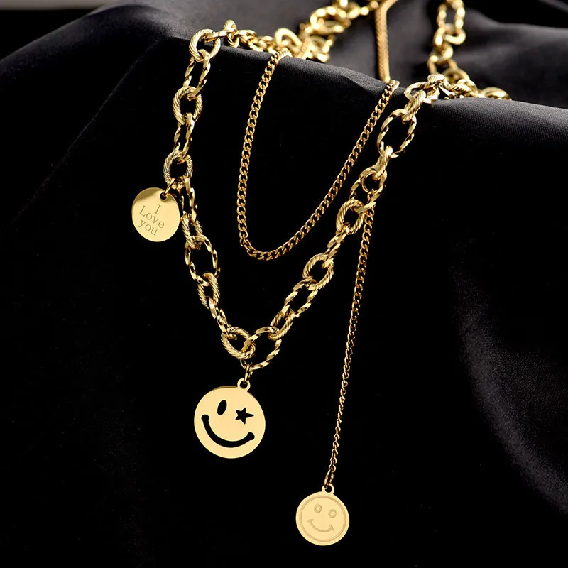 

Женское Двухслойное ожерелье из титановой стали, колье с круглым улыбающимся лицом, цепочка до ключиц в стиле хип-хоп, 2021