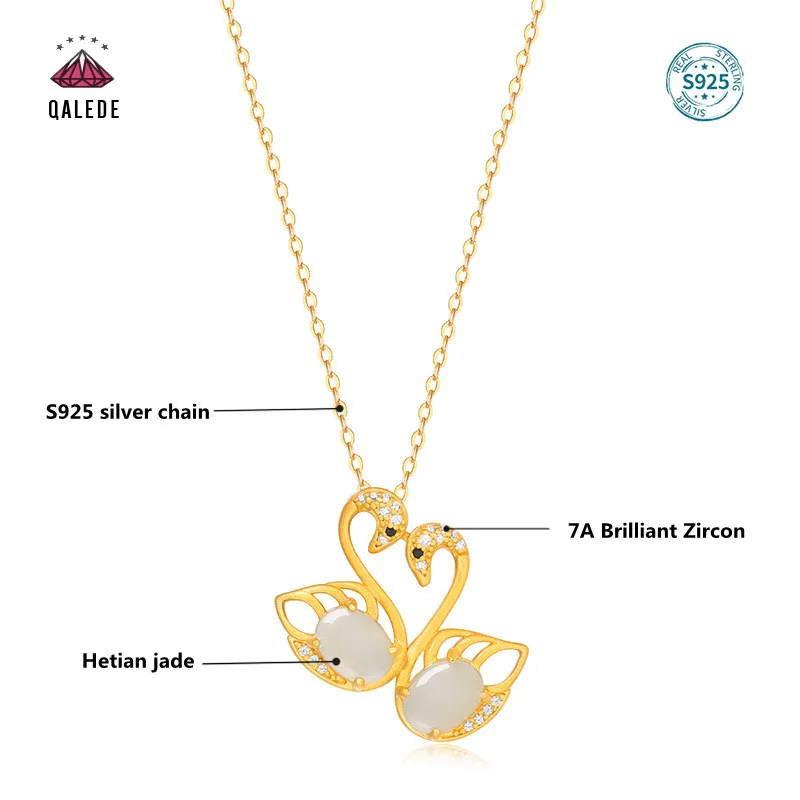 

QALEDE Women's 925 Silver Necklace with Hetian Jade Pendant Romantic Swan Clavicle Chain Silver Female Jewelry Holiday Gift