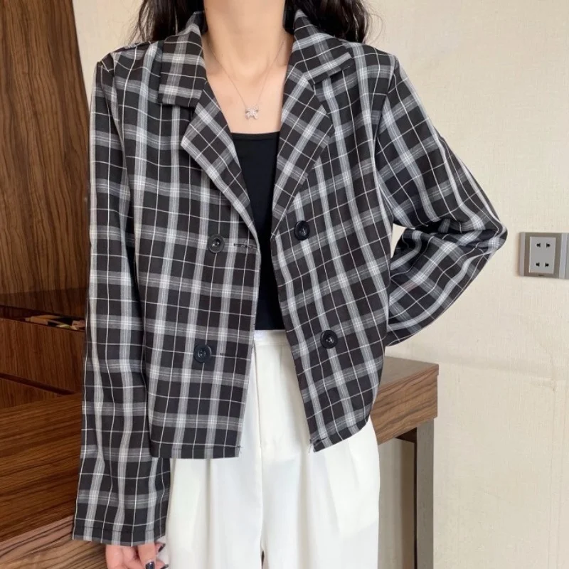 Женский дизайнерский клетчатый костюм короткое пальто с длинным рукавом