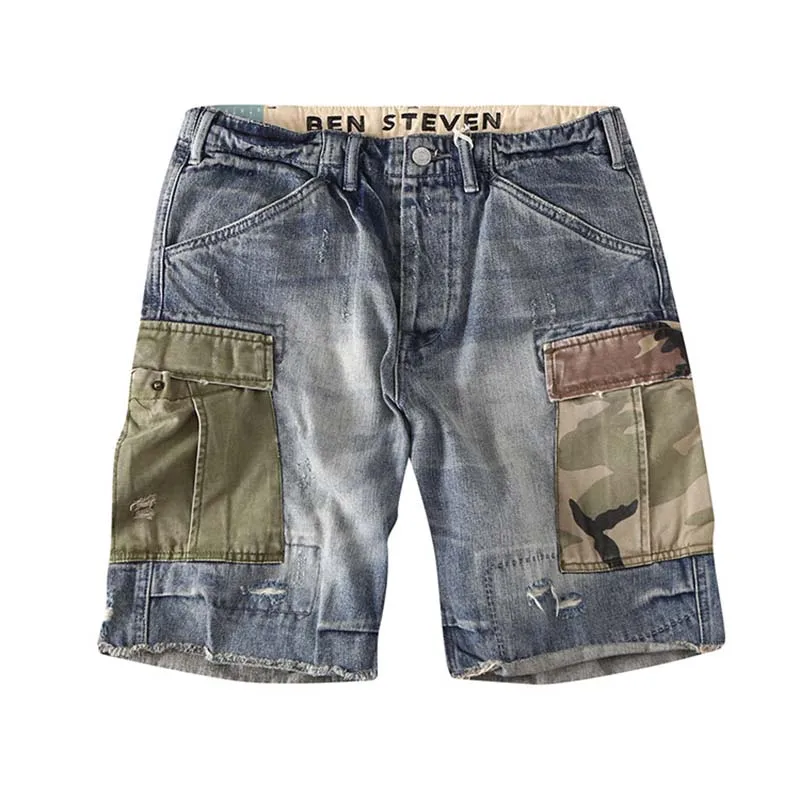 

KIOVNO Men Cargo Military Denim Shorts Multi Pockets Patchwork Jeans Shorts For Male Washed Size 29-36