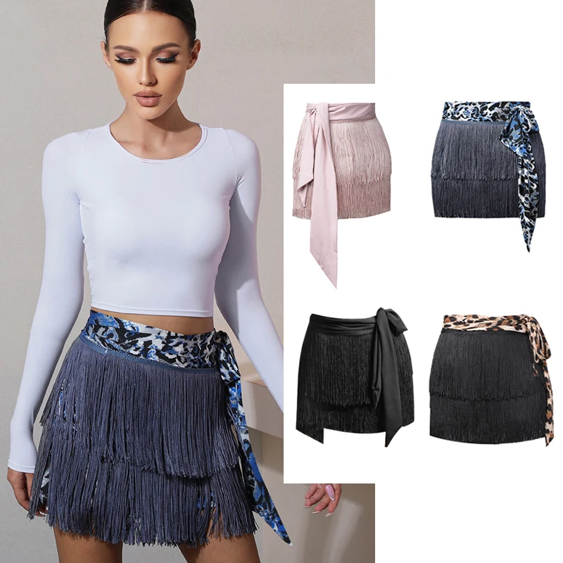 Юбка женская для латинских танцев леопардовая двойная юбка с бахромой одежда