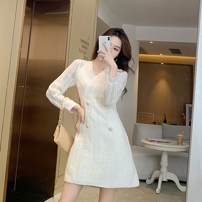 

2022 New Fashion Spring Fall Women Vintage Solid Femme V Neck Long Sleeve Vestidos Slim Elegant Office Paty Mini Dress
