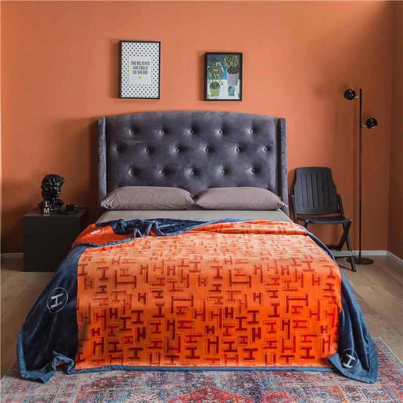 Manta estampada de franela de lujo, manta gruesa y pesada de dise&ntilde;ador famoso, suave y c&aacute;lida, para invierno, de alta calidad para camas-2