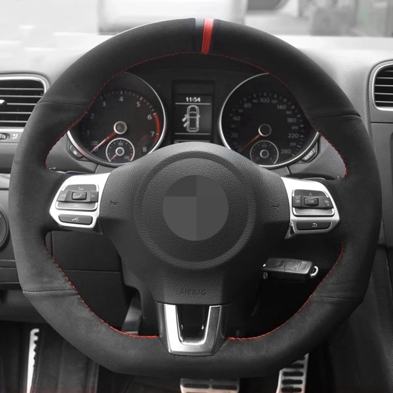 

Black Genuine Leather Suede Car Steering Wheel Cover For Volkswagen Golf 6 GTI MK6 / Polo GTI / Scirocco R Passat CC