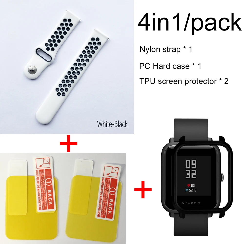 White black-black 4в1 для Xiaomi Huami Amazfit ремешок Bip мягкий спортивный браслет из силикона Smartwatch Браслет с PC чехол Защита экрана - Цвет: White black-black