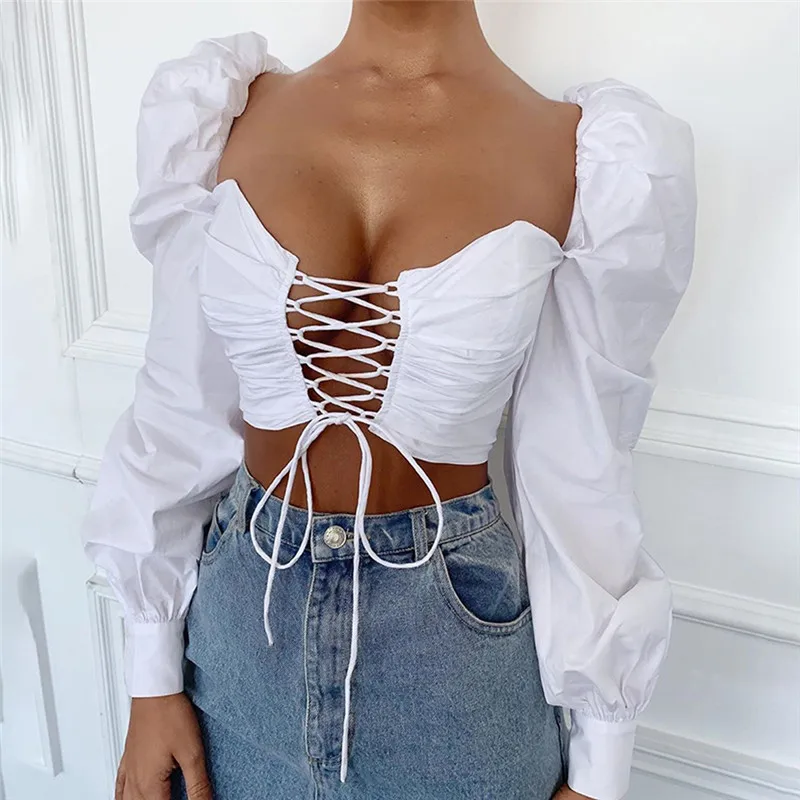 

Women White Shirts Sexy Solid Hollow Out Lace-up Blouses Women Midriff-baring Tops Ladies Puff Sleeve Strapless Crop Tops