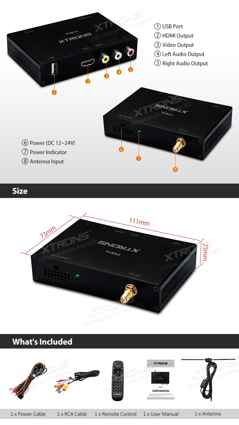 XTRONS FV014/Автомобильный цифровой DVB-T/T2 Freeview HDMI ТВ тюнер приемник/HDMI порт/тройной видеовыход/видеорегистратор/USB/Freeview HD