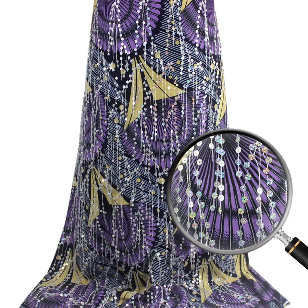 

Good Quality 100%cotton African Nigerian Prints Sequins Tassels Ankara Wax Fabric Veritable Ghana Real Wax 6yards/pcs F212-14
