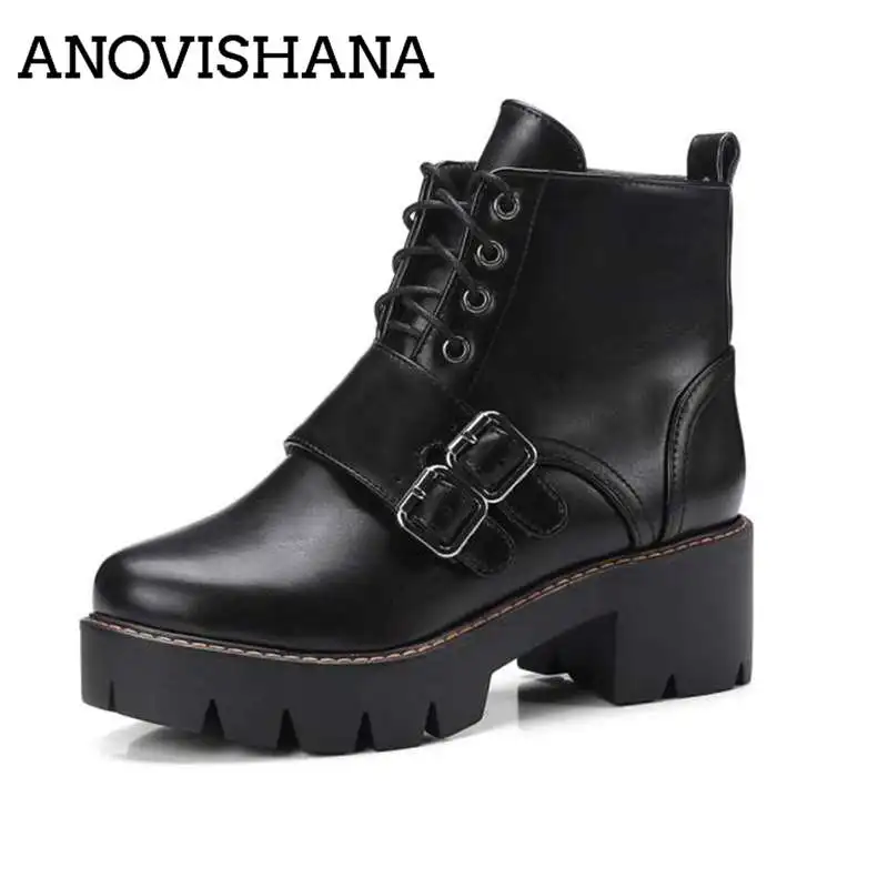 ANOVISHANA 2019 новые зимние ботинки с круглым носком на платформе пряжкой шнуровке