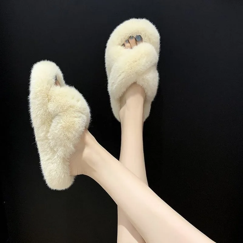 

Mazefeng Women Slippers Winter Shoes Flat Sweet Home Slippers Woman Indoor Fur Warm Soft Slip on Black Pink Grey Female Slipper