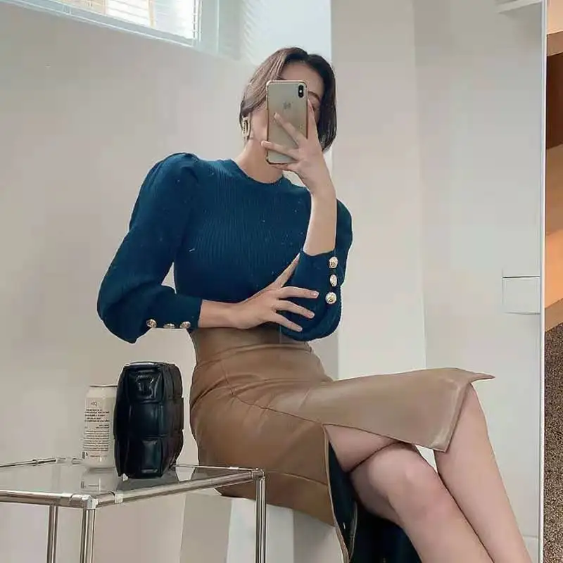 

Women's Blue long-sleeved pullover 2020 Autumn/winter fashion sexy casual pullover knit versatile base short sweater top
