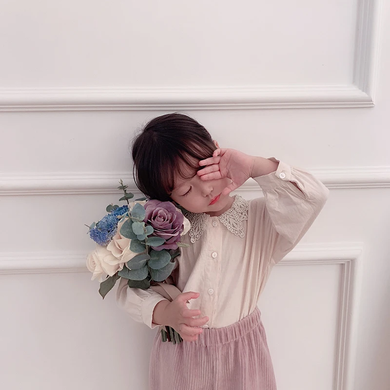 Girl Shirt Long Sleeve New Kids Spring and Autumn Pure Cotton Shirt Baby Lace Turn-collar Top Toddler Kids Blouses Clothing