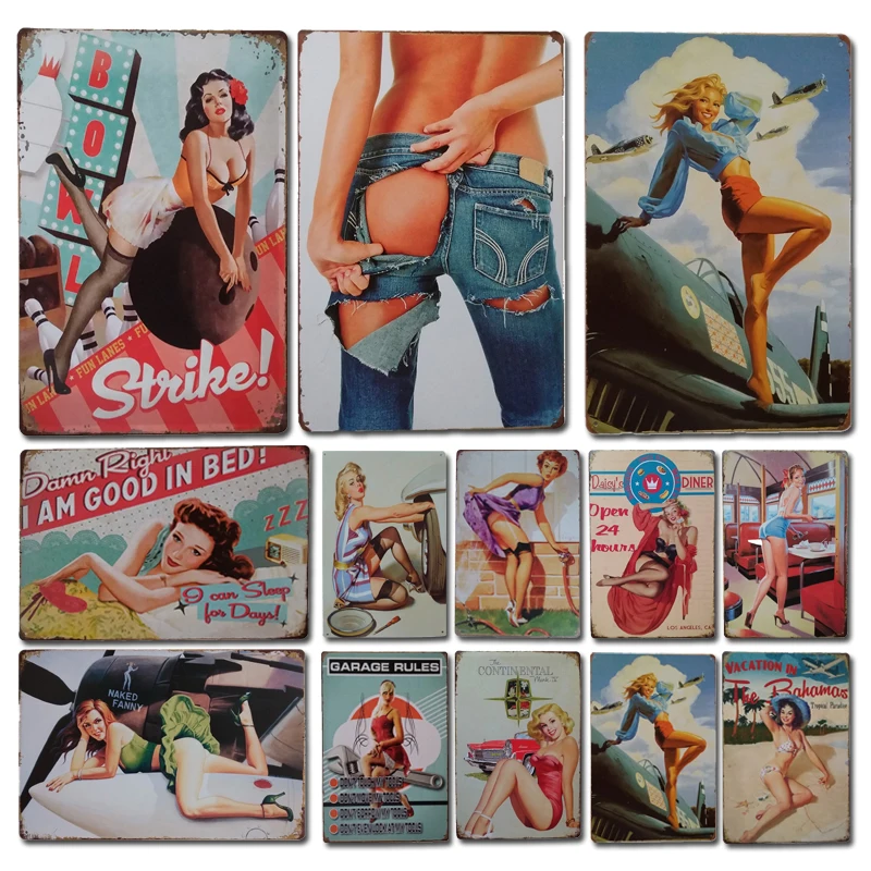 

Vintage Sexy Pin Up Girl Poster Metal Plate Tin Sign Retro Decorative Plaque Beach Bar Bathroom Wall Decoration Accessories