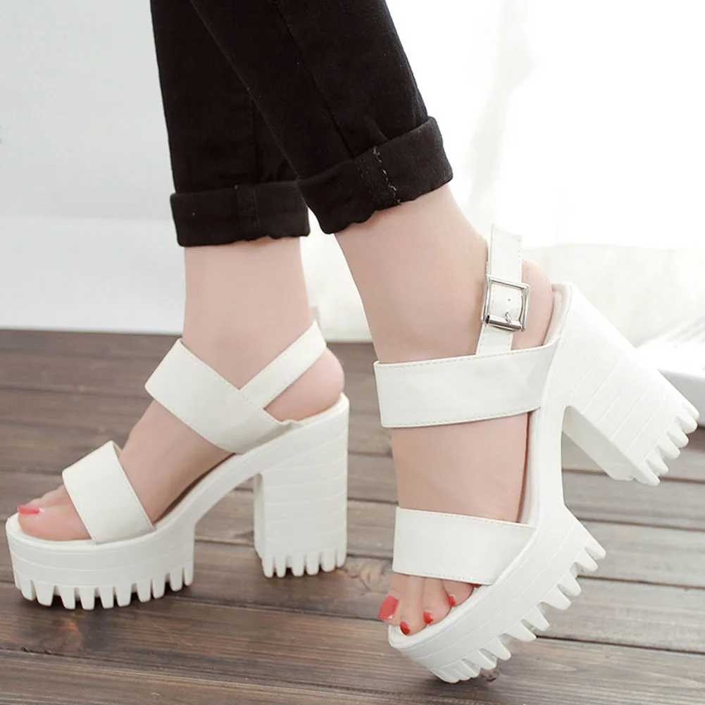 

2021 Brand Gothic Style Leisure Platform Block High Heels Summer Sandals Black White Woman Shoes