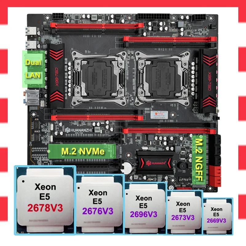 Günstig HUANANZHI X99-T8D X99 Dual CPU Motherboard Combo DIY M.2 NVMe/NGFF Slot Dual Xeon Prozessoren E5 2678 V3 2676 V3 2696 V3 2673 V3
