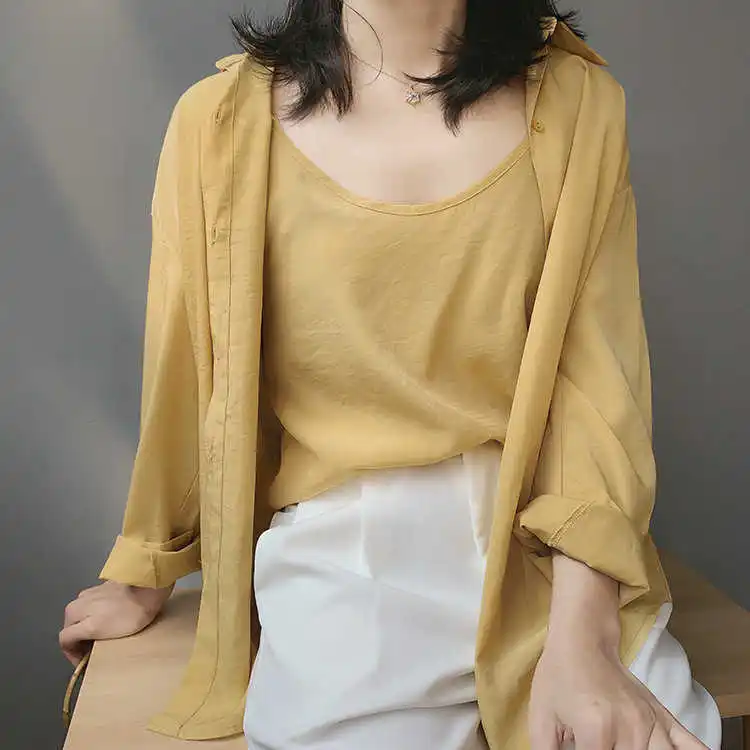 

Simple casual top in spring and autumn, bright satin blouse in solid color, elegant two-piece sunscreen shirt and sling