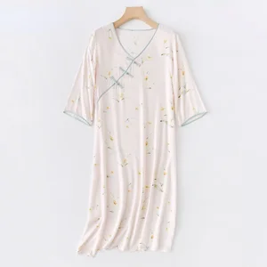 Summer Retro National Style V-neck Viscose Elegant Yellow Lily Printed Buckle Women Night Dress Home Sleepwear Women Clothes Summer Retro National Style V-neck Viscose Elegant Yellow Lily Printed Buckle Women Night Dress Home Sleepwear Women Clothes