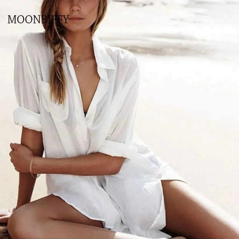 

Женская пикантная Пляжная накидка, купальник бикини с карманами, белая ажурная футболка, купальные туники, свободная пляжная одежда, халат, ...