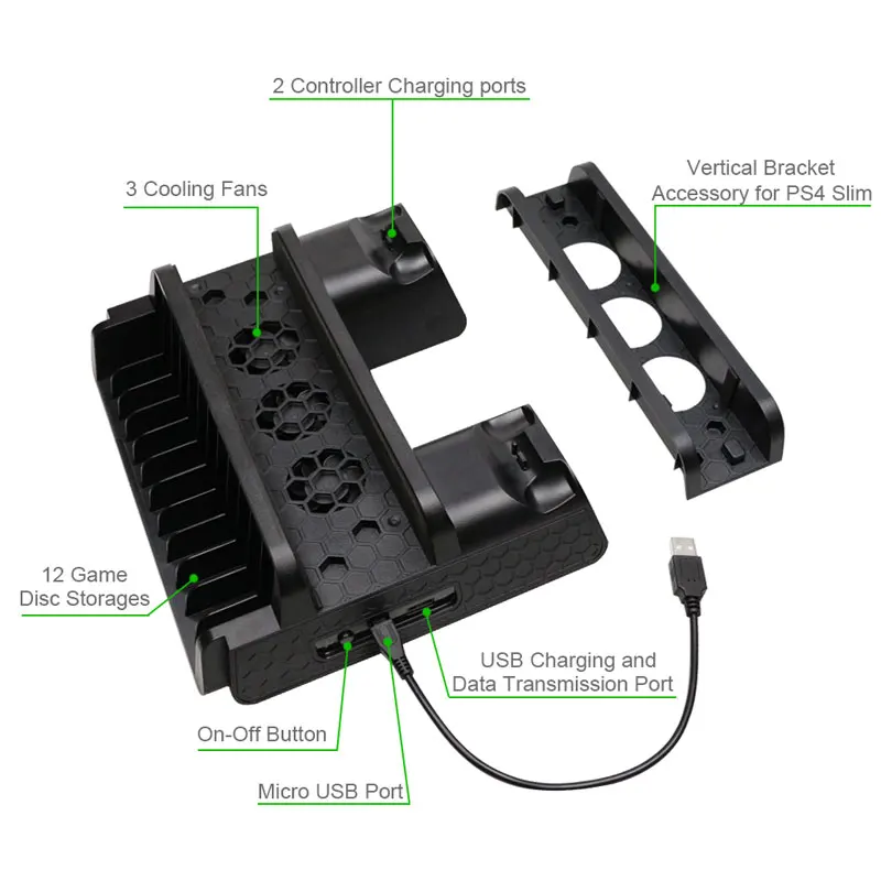 Для PS4/PS4 Slim/PS4 Pro вертикальная подставка с охлаждающим вентилятором двойной