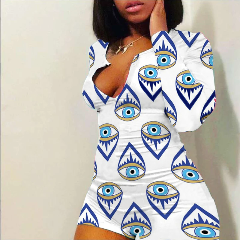 Комбинезон женский с длинным рукавом пикантная ночная рубашка принтом губ шорты