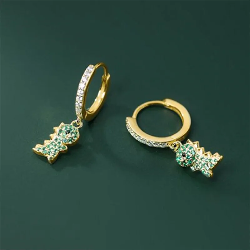 

925 Sterling Silver Zircon Cute Dinosaur Piercing Stud Earring For Women Girls Wedding Birthday Jewelry Gift Pendientes eh1838