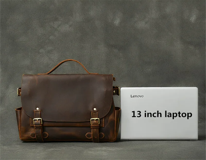 Business vintage natural crazy horse cowhide men's briefcase handmade genuine leather handbag work laptop shoulder messenger bag