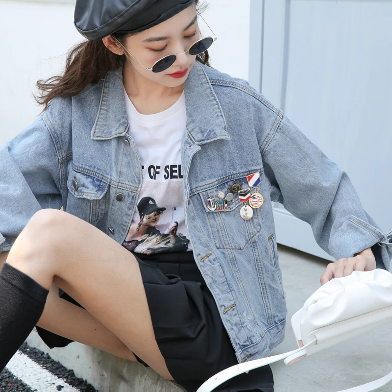 

Женская джинсовая куртка, Повседневная Свободная куртка из денима большого размера в Корейском стиле для студентов, осень 2021