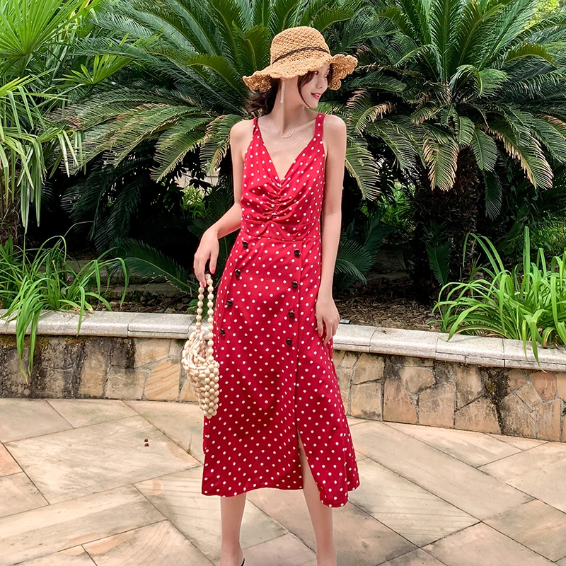 

Red Long Polka Dot Women Sundress Summer Elegant Casual Party Vacation Tea Dress Runway 2022 Tropical Vintage Beach Dress Korean