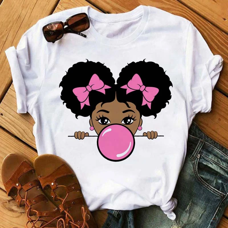 

Women Black Curly Hair Girl Printed Tshirt New Kawaii T Shirt T Shirt Femme Harajuku Clothes Female T-shirt Tops