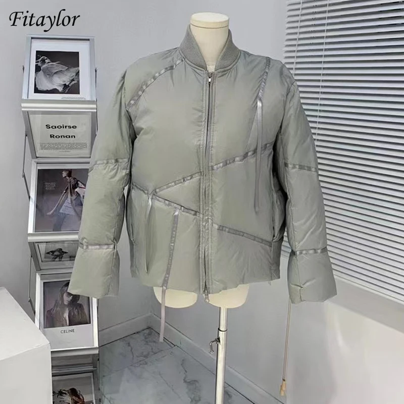 

Fitaylor 2022 Winter Ribbon Splicing High Quality Down Short Jacket Women 90% White Duck Down Fluffy Warm Coat Loose Fit Outwear