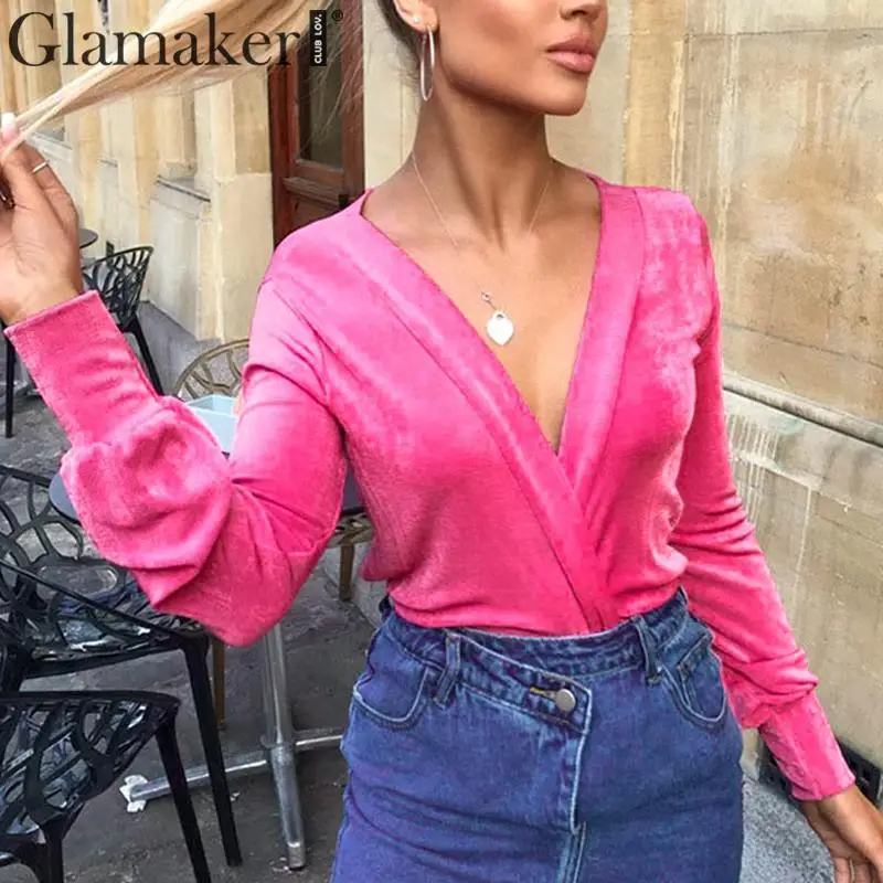 Glamaker бархатная женская рубашка, блузка, топ, женские сексуальные рубашки с v-образным вырезом feminina, Женский Топ, корейская мода, блуза с длинными рукавами, рубашка