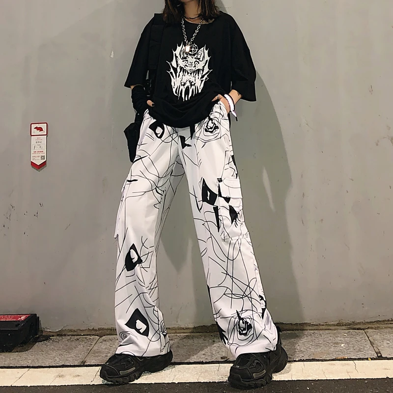 Lychee Harajuku Эластичный пояс хит цвет женские брюки большой карман летние женские брюки свободные прямые широкие женские брюки