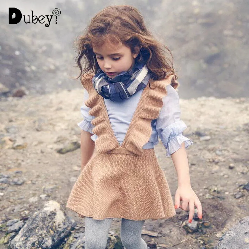 

Платье с перекрестными лямками для девочек, вязаное платье с оборками для маленьких девочек, осенне-зимние платья, шерстяное платье, одежда для девочек