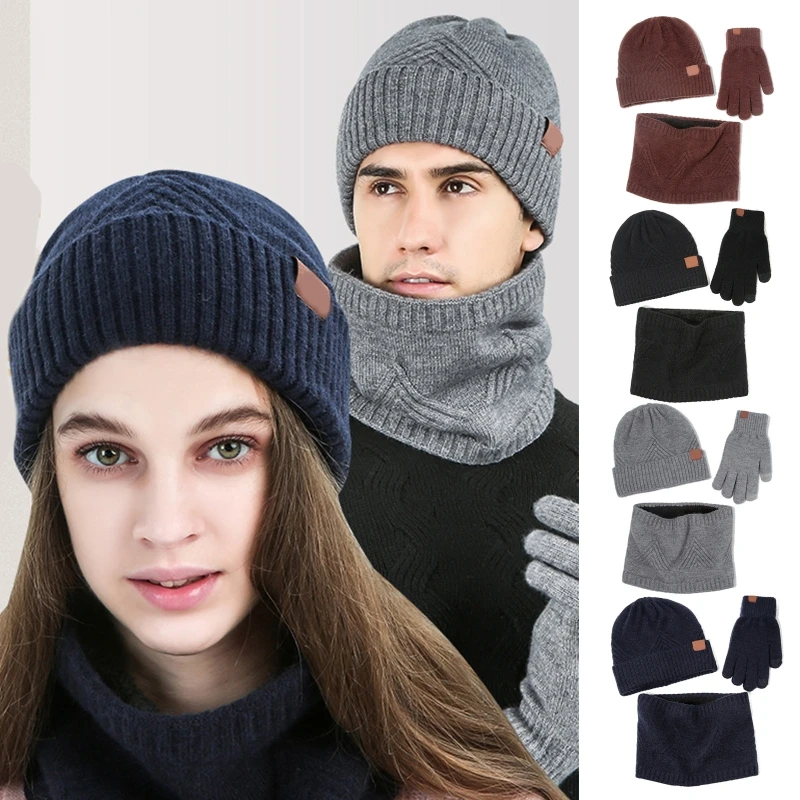 

3Pcs Unisex Winter Beanie Hat Scarf Touch Screen Gloves Set Triangle Striped Knit Plush Lined Cuffed Skull Cap Warmer
