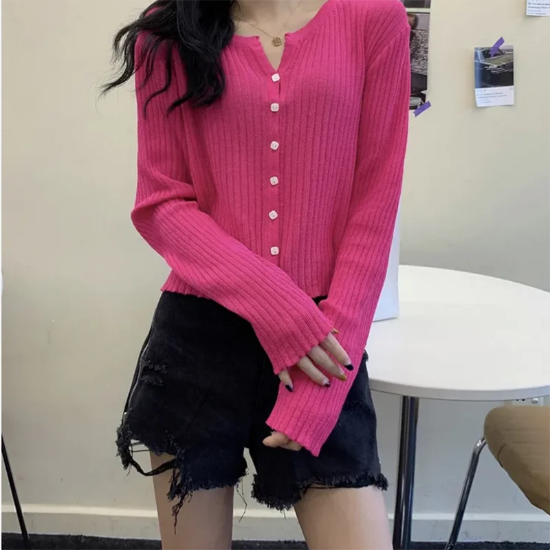 

Женский трикотажный кардиган с V-образным вырезом, однобортный Тонкий Укороченный кардиган с длинным рукавом, винтажные свитеры в Корейско...