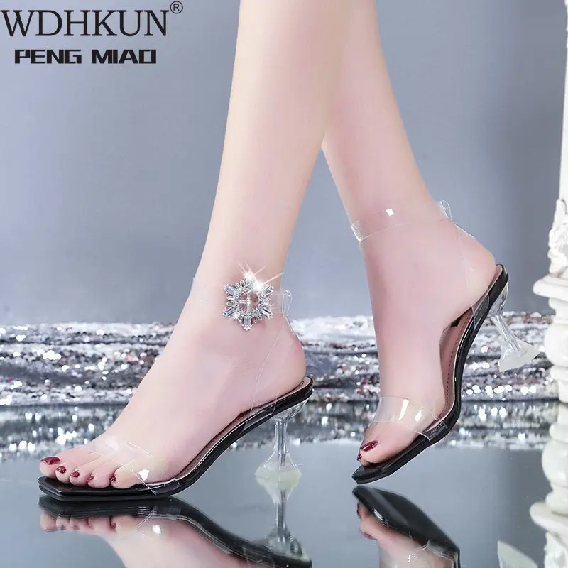 

NEW Square Toe Summer Women Sandals Fashion Transparent Spike Heels Thin High Heel Buckle Strap Party Dress Ladies Shoes