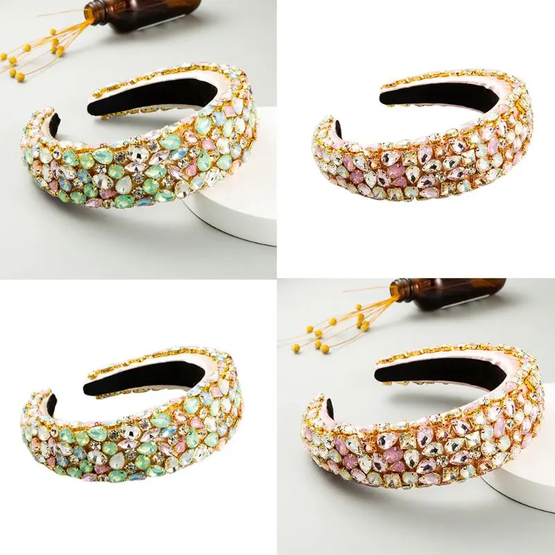 

Women Baroque Jewelry Chain Bandana Thick Sponge Colorful Glass Drill Hair Hoop LX9E