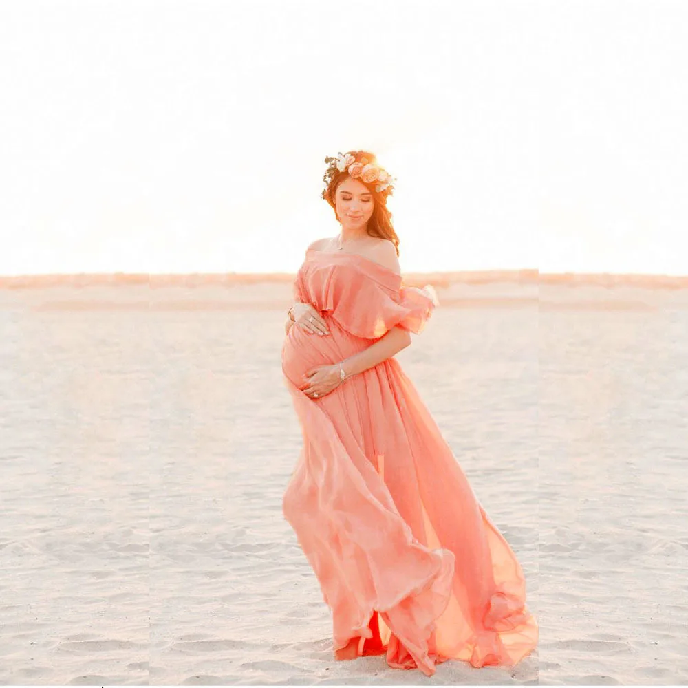 

Shoulderless Maternity Photography Props Long Dress Ruffles Pregnancy Dresses Elegence Pregnant Women Maxi Gown For Photo Shoots