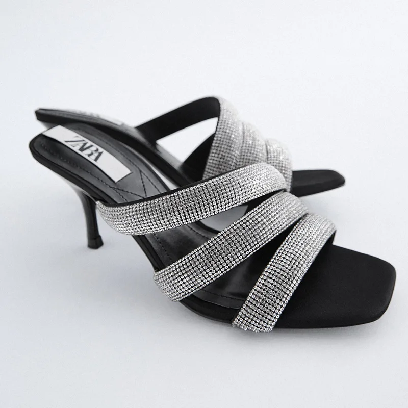 

Women's Slippers 2021 Summer New Fashion Black Rhinestone High Heels Square Toe Open Toe Stiletto Sandals Woman Slippers