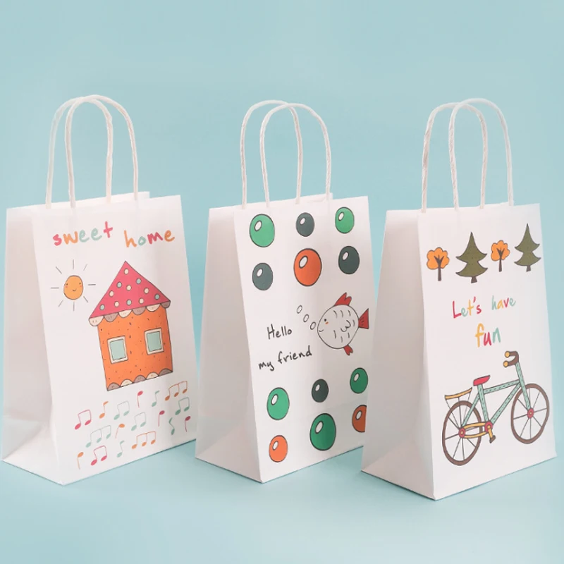 10Pcs Kawaii Cartoon Kraft Paper Bag White Shopping Bags with animal house DIY Multifunction Recyclable With Handles | Дом и сад