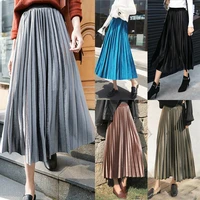 fashion women vintage long midi pleated skirt stretch high waist casual dress