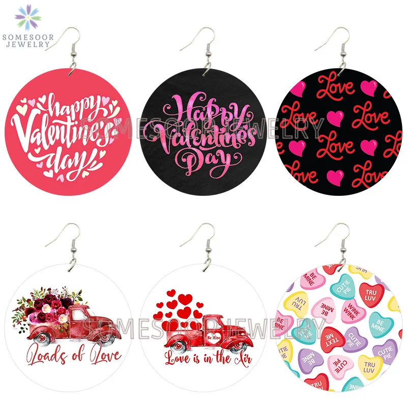

SOMESOOR Loads Of Love Printed Multi Hearts Wooden Drop Earrings Happy Valentine's Day Design Locs Loops Dangle For Women Gift