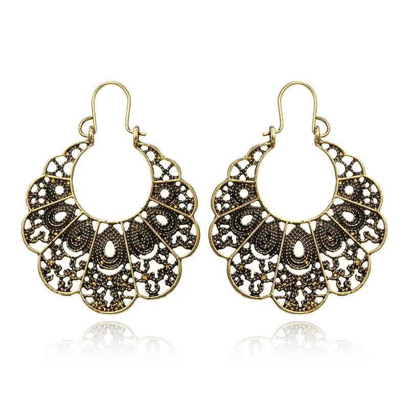 Boho Hollow Out Antique Gold Gypsy Tribal Ethnic Drop Dangle Earrings for Women Flower | Украшения и аксессуары