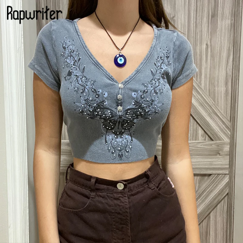 

Rapwriter y2k Grunge Printed Crop Top Women Vintage Aesthetic Tshirt Summer Short Sleeve Pullover Harajuku Top Grunge Fairycore