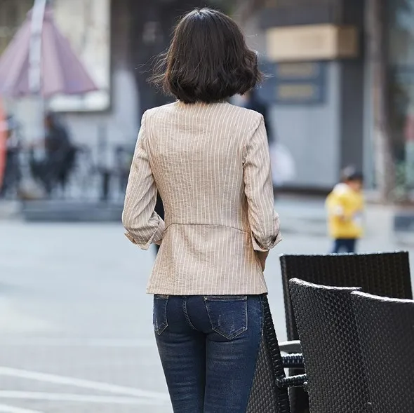 

Gray Khaki Striped Ladies Spring Autumn Blazer Female Plus Size XXXL Slim Jacket Blazer For Women Cotton Linen Blazers Mujer