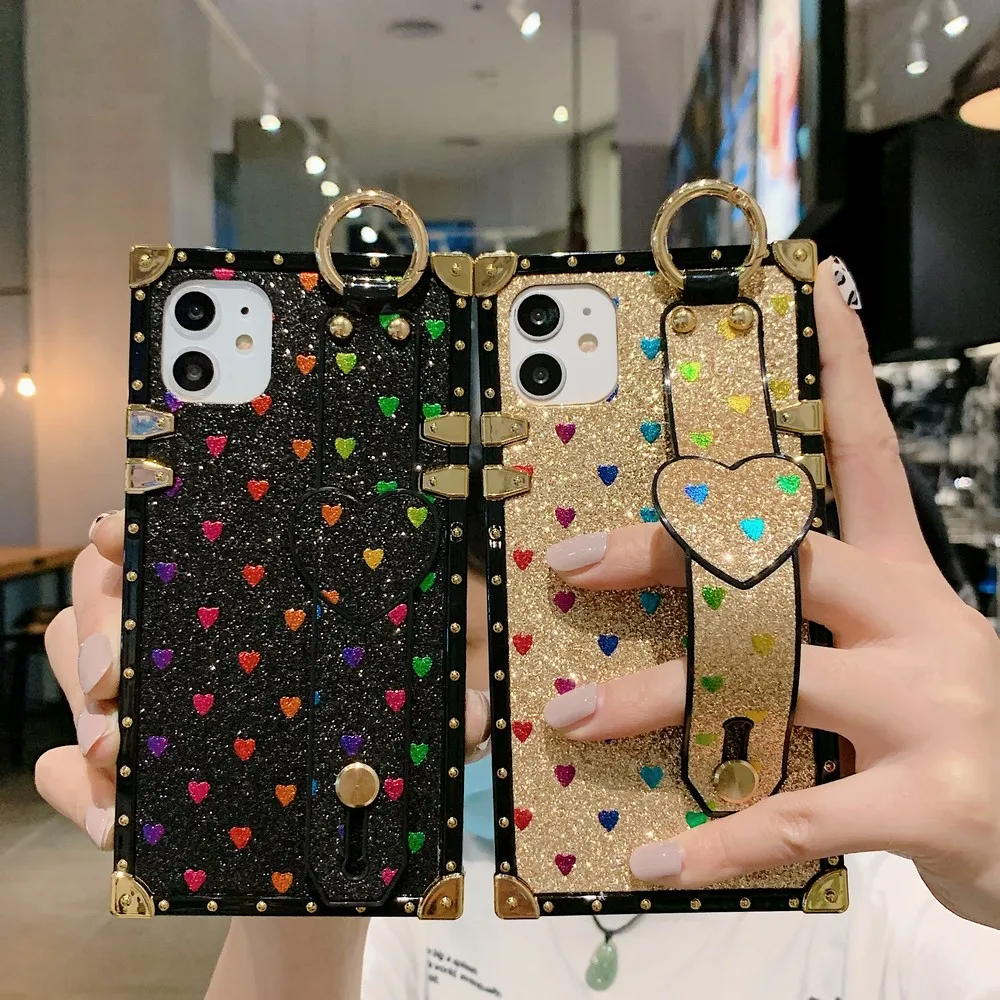 fashion glitter love pattern phone case with wristband for iphone x xs xr xsmax 11 11promax 7 8 8plus se2020 soft back cover free global shipping