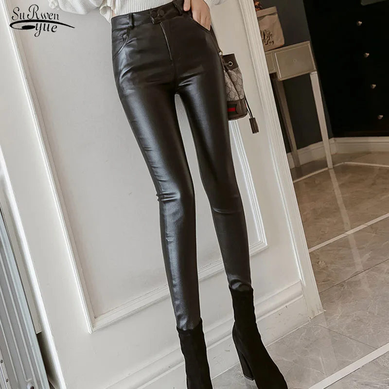 

2021 SpringCasual Leather Pants Women High Elastic Waist Pencil Pants Tightness Solid Fashion Skinny Zipper Fly Women Pants