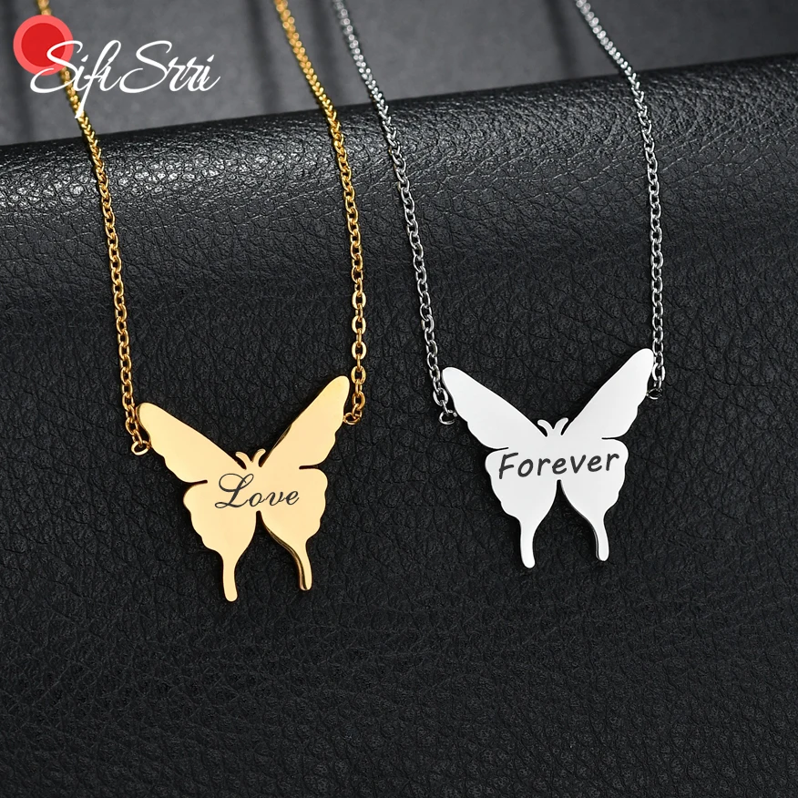 

Sifisrri Luxury Butterfly Necklace For Women Personalized Engrave Name Date Gold Stainless Steel Clavicle Chain Jewerly Gift