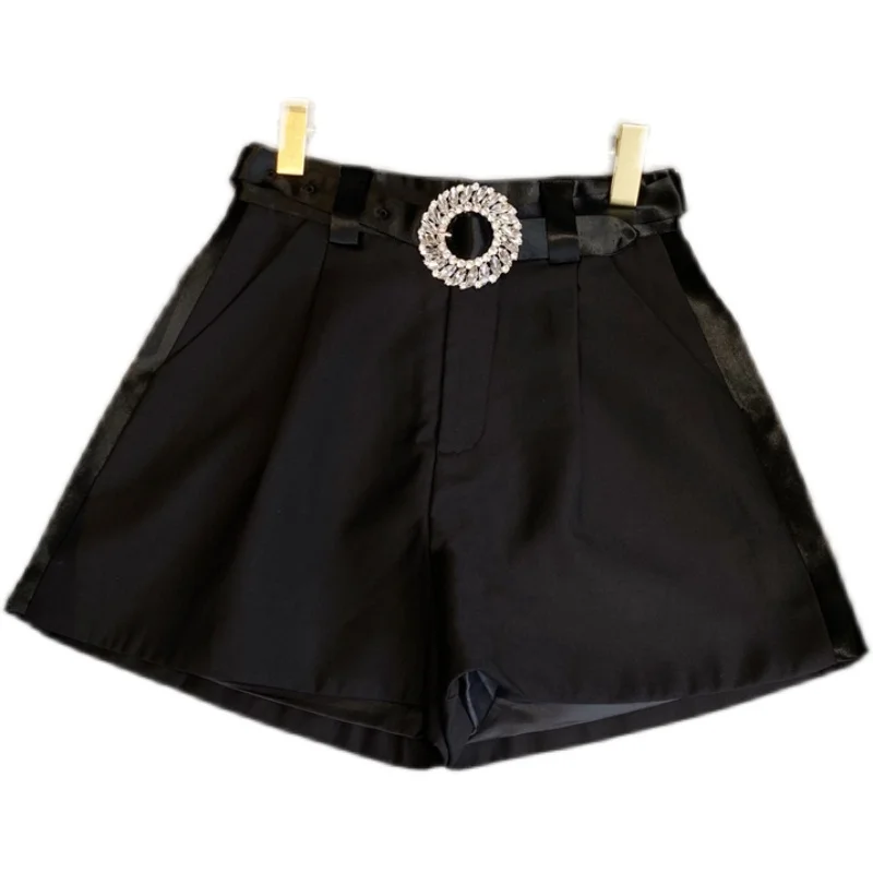 

2021 Summer Autumn New Style Pearlescent Satin Stitching Rhinestone Belt Slimming Short Suit Hot Pants for Women